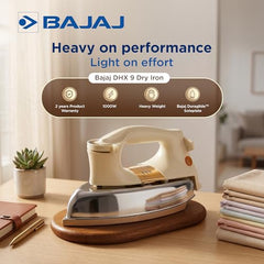 Bajaj DHX-9 1000W Heavy Weight Dry Iron | Advance Soleplate And Anti-Bacterial German Coating Technology | Multiple Temperature Levels | 2 Yr Warranty 【Ivory】