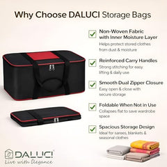 DALUCI Underbed Storage Bags for Clothes Pack of 4 Large Moisture Proof Organizer with Zipper Non Woven Foldable Storage Bag for Blanket Saree Wardrobe 54 x 46 x 26 cm (Black & Red - Large, 4 Pack)