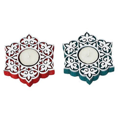 eCraftIndia Wooden Floral Printing Block Decorative Tea Light Candle Holders (Set of 12, Green White) Diwali Christmas Decorations Items for Home Office Christmas Gifts for Women Men Family Friend