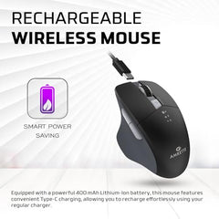 Amkette Hush Pro Epic M Rechargeable Wireless Mouse, Bluetooth Mouse | 3 Device Connectivity (2xBT&2.4G) with Top Mounted Device Switch Button, Silent Switches, Ergonomic Design, Upto 3200 DPI, Black