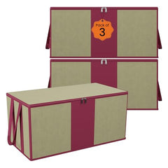 Kuber Industries (Pack of 3) Underbed Storage Bag | Waterproof Clothing-Bedding Bag | Foldable Blanket Bags | Closet Wardrobe Organizer with Handle | Large | Maroon Patti | Beige