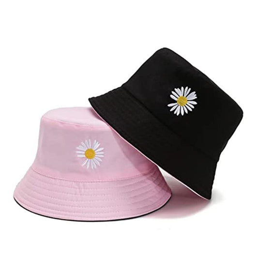SYGA 1 Piece Reversible Double Sided Bucket Hat Sun Beach Cap Daisy Fishermans Hat for Adults, Men and Women Both for Above 15 Year - Flower Black & Pink