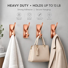 iSTAR Self Adhesive Wall Hook Heavy Duty Metal Stick-On Door Hanger Hook for Hanging Towel, Purse, Robe, Backpack, Jacket, Clothes, Bags - Wall Hooks Set for Bathroom & Kitchen (Pack of 4) (Rose Gold)