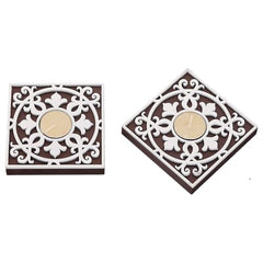 eCraftIndia Wooden Floral Printing Block Decorative Tea Light Candle Holders (Set of 12, Green White) Diwali Christmas Decorations Items for Home Office Christmas Gifts for Women Men Family Friend