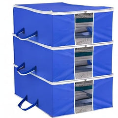 Kuber Industries Non-Woven Underbed Storage Bag|Clothes Storage Organizer|Blanket Cover With Clear Window|Zipper Closure&Handle Cloth Organizer|Plain White Border|Large|Pack Of 6|Royal Blue,32Cm,48Cm