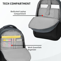 Safari Forge 34L Laptop Backpack, 3 compartments, Raincover, Antitheft pocket, Trolley Sleeve, Organizer, Bottle holder, Front pocket, College bag, school bag, Formal backpack, Color- Black