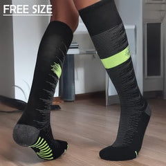 MOMISY Soccer Football Athletic Sports knee High Cotton Blend Socks for Men & Women | Odour Free, Superior Grip-Pack of 1 (Stripe Black)