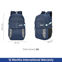 Safari Omega Spacious/Large 5 Compartment Laptop Backpack With Raincover, College Bag, Travel Bag For Unisex, Navy Blue, 30 Litre