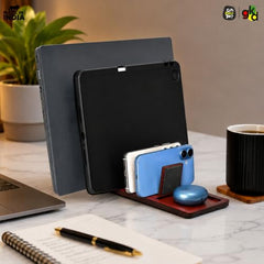 GKD Dark Wood Multi Device Stand & Organizer | Laptop, Tablet, Mobile & Power Bank Holder | All-in-One Desk Charging Station & Organizer | Modern Office Desk Accessory | Diwali Gift