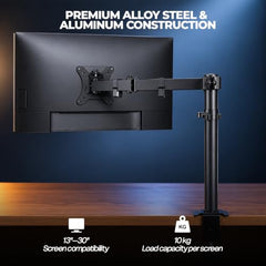 HIFFIN MS16 Monitor Stand, Gas Spring Single Monitor Arm for 32 Inch Screens, 2–10 kg Load Capacity, VESA 75x75 & 100x100 mm, Adjustable Monitor Desk Mount