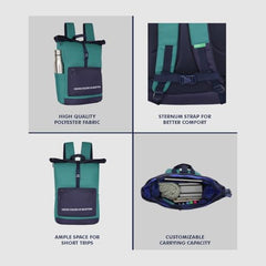 United Colors of Benetton Grand Slam 30L Roll-Top Backpack - Blue+Navy Color | Fits 14-inch Laptop | Secure Buckle Closure for Travel & Gym with 1-Year Warranty