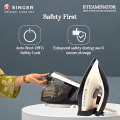 SINGER STEAMINATOR 8 Bar 2600 W Steam Generator Iron | 100 g/min Continuous Steam | 1.5L Water Tank | Ceramic Soleplate | Vertical Steam | Auto Shut-Off | Heavy Duty | ISI Certified | 2 Years Warranty