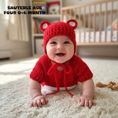 MOMISY Handmade Crochet Baby Romper Set, Red Bear Design with White Belly, Matching Cap, Photography Costume Prop