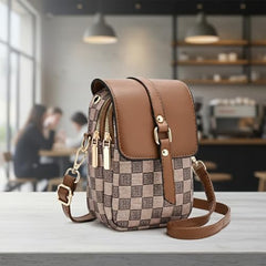 MOMISY Women PVC Crossbody Sling Bag | Checkered Pattern Mini Shoulder Purse with Adjustable Strap (Brown)