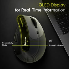 Amkette XS Natural Plus Programmable Vertical Wireless Mouse/Bluetooth Mouse, OLED Display Side Scroll, 6400DPI, 2.4G+3×BT+Wired, 7 Button, Rechargeable, Supports Web Software, 1000Hz, Black