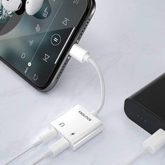 Sounce 2-in-1 8 Pin to 3.5mm Audio & Charging Splitter – Dual Port Adapter Cable for Music, Power, Headsets, Speakers & More – White