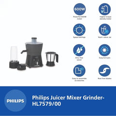 Philips HL7579/00 600 Watt Turbo Juicer Mixer Grinder with 3 Jars -Blend and Carry, Nutri Juicer Jar, Multi Purpose jar