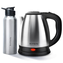 Longway Kestro 2 Ltr Electric Kettle with Water Bottle Combo | Automatic Shut-Off | Durable Stainless Steel Body For Boiling | 2 Years Warranty (2, litres)