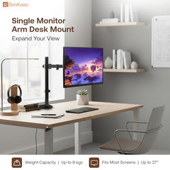 BonKaso Adjustable Single Arm Monitor Stand for Desk | Alloy Steel Durable Mount for 13”-27” Screens | 360° Rotation, Height Adjustable, Cable Management, Space Saving Monitor Arm (Black & White)
