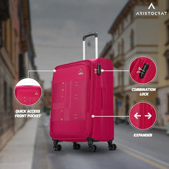 Aristocrat Duralite Set of 3 Soft Case (S+M+L) Trolley Bags, Red | 8-Wheels, Spacious, Zipper Expander, Front Pocket, Polyester Case, Combination Lock, Travel Luggage, 3-Year Global Warranty