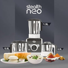 ULTRA Stealth neo MixerGrinder,750W,AISI304 Food Grade SS Jars &Blades,Serrated Stainless Steel Blades,Lesser noise,ABS Body,3Jars Small (0.5L),Medium (0.8L), Large(1.5L), 5Year Motor Warranty