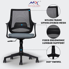 MRC Mono Ergonomic Office Chair (Mid-Back) – Revolving Breathable Mesh Desk Chair for Work from Home & Study–Lumbar Support & Heavy Duty Nylon Base (Grey & White)