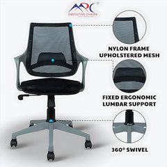 MRC Mono Ergonomic Office Chair (Mid-Back) – Revolving Breathable Mesh Desk Chair for Work from Home & Study–Lumbar Support & Heavy Duty Nylon Base (Grey & White)