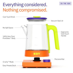 EDT Flow Pure glass™ Electric Kettle 1 Litre with Precision Temperature Control | Multipurpose Hot Water Presets for Coffee, Tea, Boil, Warm Water | 700W | Rubik
