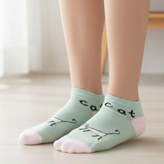 MOMISY Cute Cat Design Ankle Socks Pastel Colors, Low-Cut Casual Wear Pack of 5 (Multicolor)