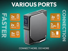 SKULLSAINTS Agni Mini PC – Vibrant LCD Screen, M.2 SSD, Mini Tower with RGB Lights, WiFi 6, 4K UHD, Dual LAN for Home and Office (16+512, 13th Gen N150)