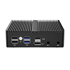 SKULLSAINTS Onyx: J6412 Fanless Mini Industrial PC with 4X 2.5G i226 LAN, WiFi 6, Soft Router Firewall, HDMI2.0, and 13 Ports
