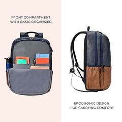Gear Uber Leatherite Medium Faux Leather Water Resistant 2 Compartment Laptop Backpack/Casual Backpack/Daypack/Travel Backpack/College Bag For Men/Women (Navy-Tan), 26 Litres