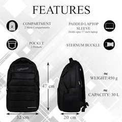 F Gear Trofeo Black 30L Premium Laptop Backpack | 2 Compartments & 2 Pockets | Durable Lightweight Water-Resistant Bag for Men & Women | Fits Upto 17 Inch Laptop | For College, Office & Travel