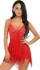 MOMISY Women Sexy Slim Fit Lingerie Transparent Set Underwear Bodysuit Deep Round Neck Spahgetti Back Strap Underwear Babydolls Sexy Lingerie Sleepwear-Red, Ruffle