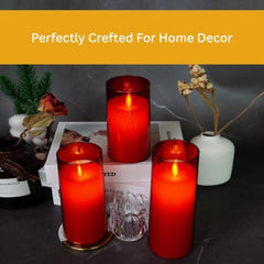 Flameless LED Pillar Candle Set of 2 | Acrylic Fiber Glass | Dancing Faux Wick | Remote Control with Battery Operated 3 AA | Home Décor & Gifting | 3" D x 6" H | Red