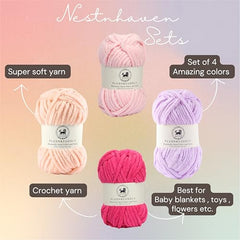 NESTNHAVEN , Plush & Cuddly Sets 2.0 , Chenille Yarn Supersoft Hand Knitting Wool Ball, set of 4 , 400 grams (1 Ball/100 Gram Each) Suitable for Craft, Babywear, Toys , Baby Blankets , 5 Bulky, Shades - NNHS 2.0 (Set 26 baby Pink , lilac , hot pink…