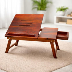Laptop Table, Laptop Table on Bed, Foldable Bed Desk with Side Cup Holder, Portable Lap Tray for Study and Work (Honey Finish)