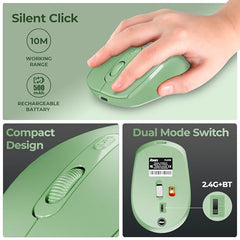 Foxin Flow Wireless Mouse with Rechargeable Battery, Bluetooth & 2.4 Ghz Dual Connectivity, 4 Buttons, Upto 1600 DPI, Type-C Charging | Ergonomic Office Mouse for Laptop, MacBook, PC | Green