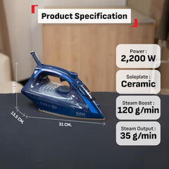 Tefal Maestro Plus Steam Iron | No.1 Ironing Brand in Europe | 2200W | XL Ceramic Soleplate | Anti-Calc | 120g/min Boost | 35g/min Continuous Steam | Blue | 2-Year Warranty