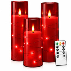 Flameless LED Pillar Candle Set of 2 | Acrylic Fiber Glass | Dancing Faux Wick | Remote Control with Battery Operated 3 AA | Home Décor & Gifting | 3" D x 6" H | Red