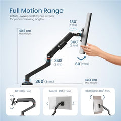 Portronics Aerolift Solo Gas Spring Monitor Arm, Desk Mount for 13–32 Inch Screens, VESA 75x75 & 100x100 mm, Full Motion Tilt/Swivel/Rotation, C-Clamp & Grommet Installation, Aluminium Build