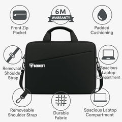 Bennett™ Mystic Unisex Adult Men's Laptop Bag 15.6 inch Side Shoulder Briefcase Satchel Messenger Business Bags for Men & Women Front Pocket for Laptop Accessories - Black (6 Month Warranty)