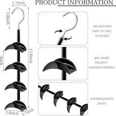 AUGEN Purse Hanger for Closet - 360° Rotating Handbag Hanging Hook Bag Storage Space Saver with 4 Hooks, Hanging Organizer for Scarf Handbag Belt (Pack of 1, Black)