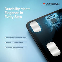 Longway Weight Machine for Home | Digital Bathroom Scale for Human Body Weight Measurement | Extra Thick Tempered Glass with LCD Display | 3 Years Warranty (Blue | Max Weight 180Kgs | Sapphire)