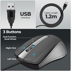Foxin Glance Grey Wired USB Mouse | 1200 DPI Optical Sensor | Ergonomic & Lightweight (68g) with 3-Button | Plug & Play | 1.2M Cable | Silent Buttons | Wired Mouse for Laptop, PC, Desktop & Office Use