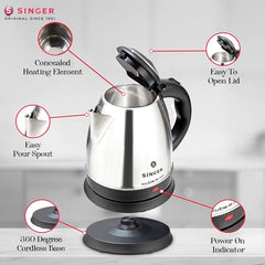 SINGER Cutie DX Electric Kettle 1350 Watts | 2 Years Warranty | 1.5 Liters | Quick Boil | Stainless Steel | Cool-Touch Handle and Lid | Auto Shut Off | Tea & Coffee, Instant Noodles, Rice, Soups