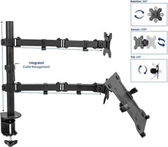 Jin Office Dual Monitor Stand Arm With Laptop Tray |Supports 13-32 inch Screen,3 year Warranty |9 kg Weight Cap. per Arm| Height Adjustable Monitor and Laptop Mount Arm| Tilt, Rotation, Swivel Feature