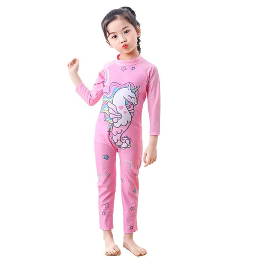 SYGA Children's Swimsuit Long Sleeve Seahorse Unicorn-L Size Perfect for Kids Age 5-6 Years Old (Pink)