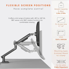 Artikel Single Monitor Desk Mount | Adjustable Heavy Duty Monitor Arm | VESA Mount with C Clamp & Grommet Mounting Base | Computer Monitor Stand (Grande Metallic, Single)
