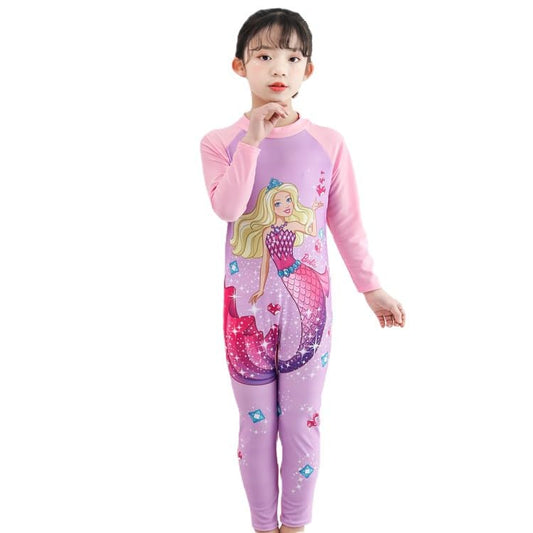 SYGA Children's Swimsuit Long Sleeve Yellow Hair Barbie Mermaid-M Size Perfect for Kids Age 3-4 Years Old (Purple)